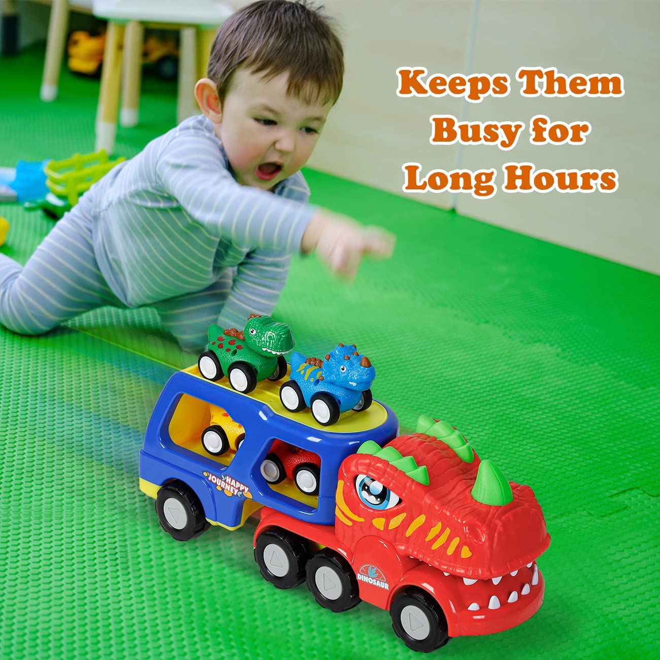 INSTOY Toddler Truck Toys for 2 3 4 5 Year Old Boys Gifts, 5-Pieces Dinosaur Car Toys for Boys Age 2 3 4 5 6, Monster Truck Toy for Kids 2-4, Pull Back Cars for Toddlers Girls Age 2-5 Birthday Gifts