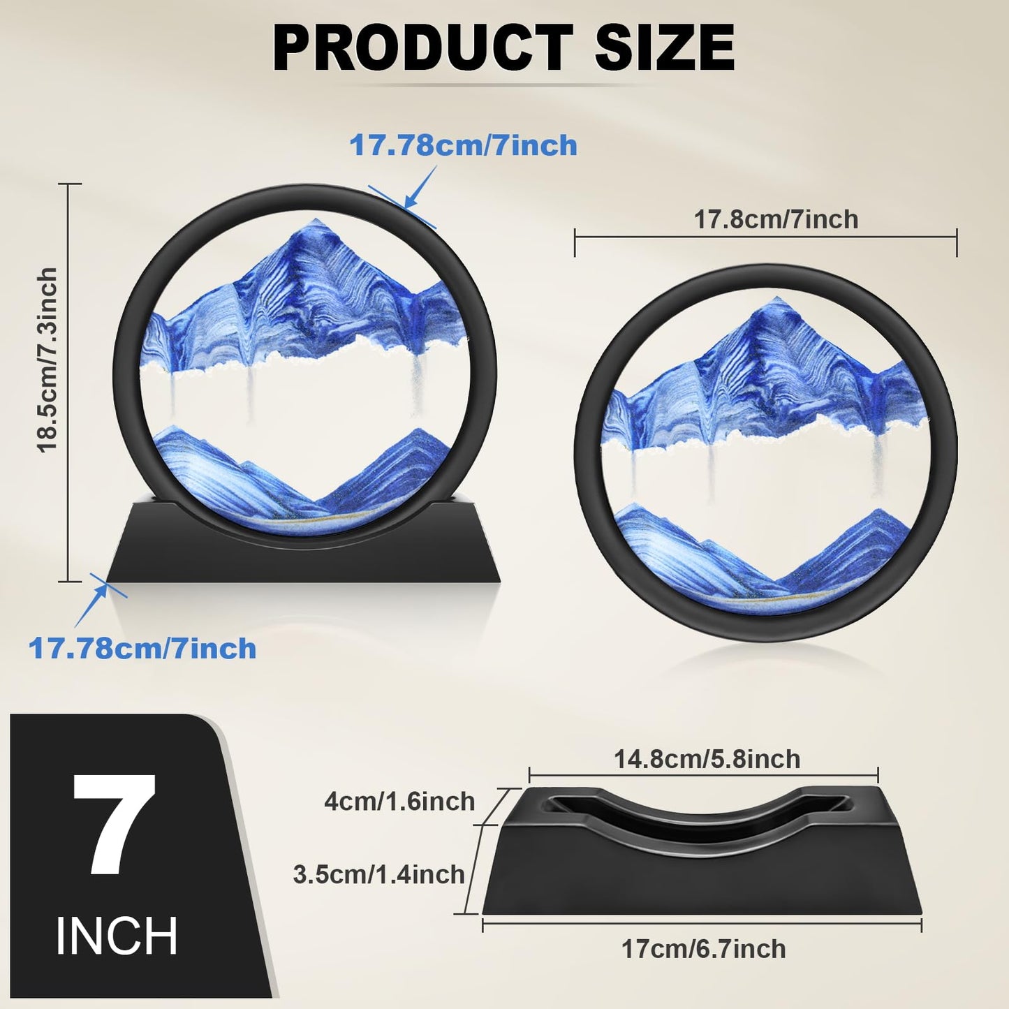 Wai Danie Moving Sand Art Picture 3D Hourglass Deep Sea Sandscape Liquid Motion Display Painting Flowing Sand Frame Relaxing Desktop Home Office Work Decor(Blue, 7")