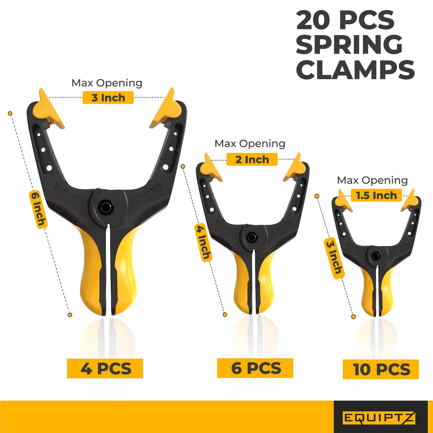 EQUIPTZ Spring Clamps for Woodworking, Crafts, Backdrop and Pool Cover, 20-Pack Spring Clamp Set with 4 Pcs of 6-inch, 6 Pcs of 4-inch & 10 Pcs of 3-inch Clamps, Extra Wide & Non-Detachable Jaw Pads