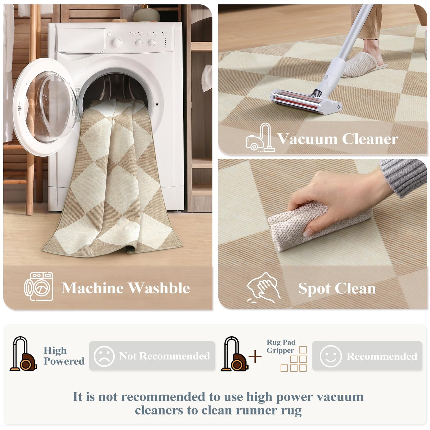 Beeiva Checkered Print Carpet Runners for Hallway 6ft, Beige Ultra Thin Washable Kitchen Runner Rug Non Slip, Moroccan Plaid Checkerboard Decor Faux Wool 2x6 Rug for Bedroom Bathroom Entryway