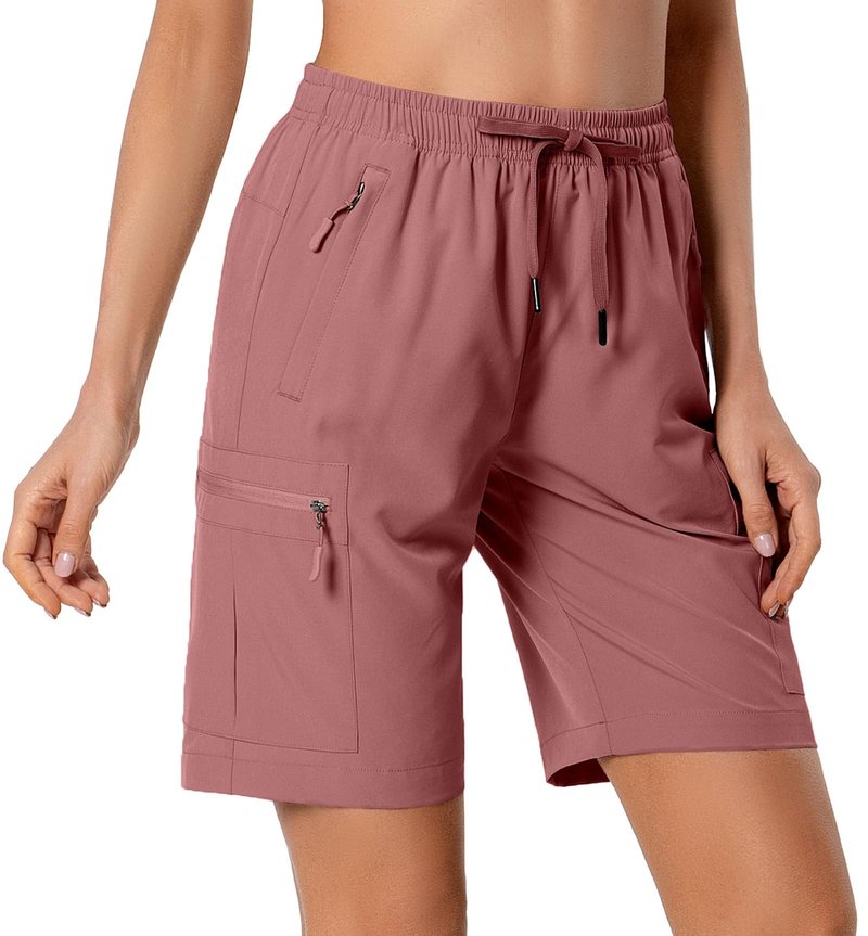 Hugut Women's Lightweight Hiking Cargo Shorts Quick Dry Athletic Shorts Camping Travel Golf Zipper Pockets Water Resistant Dusty Pink