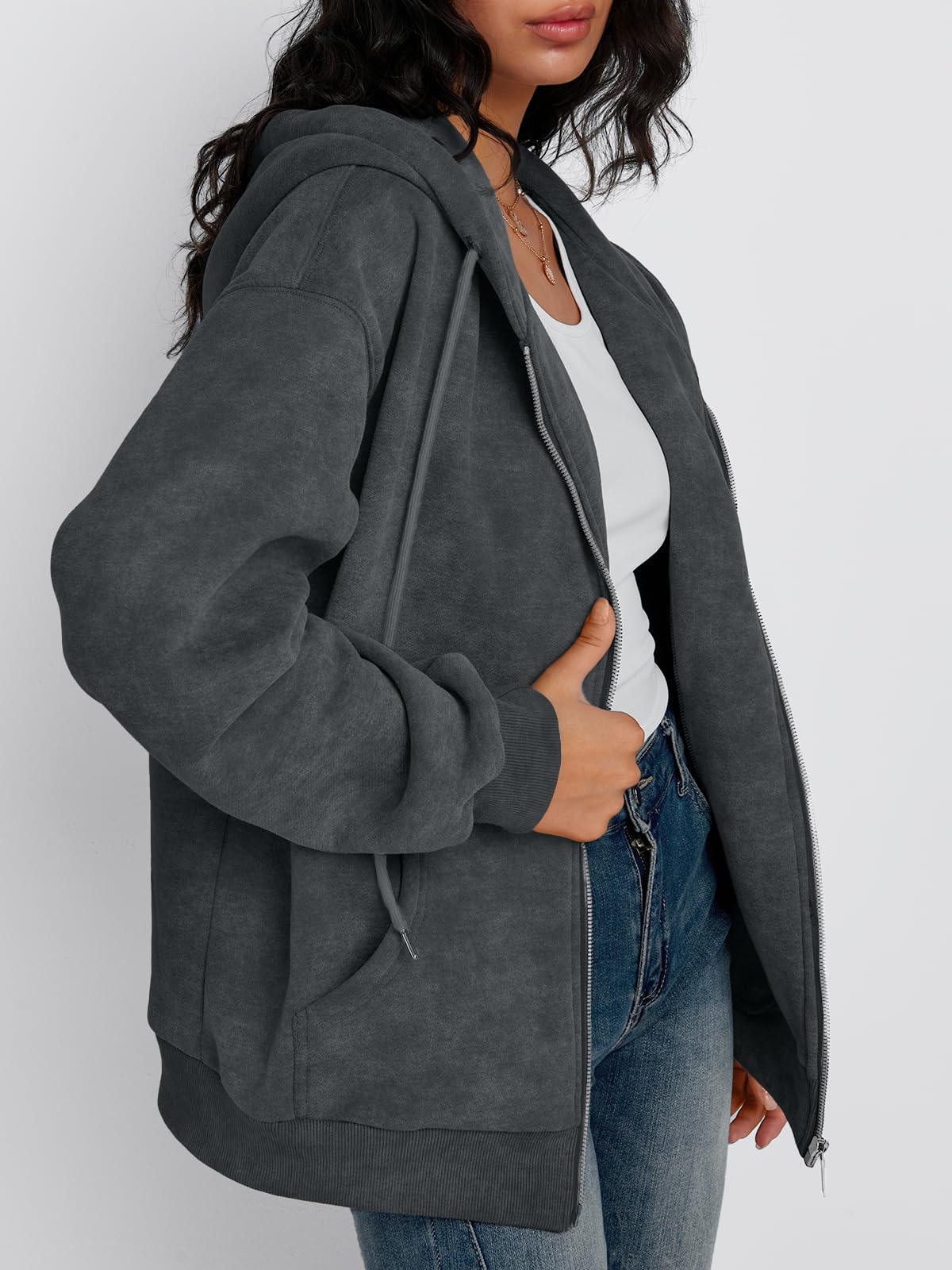 Trendy Queen Zip Up Hoodies for Women Acid Wash Oversized Sweatshirt Fall Fashion Jacket Cute Y2k Winter teen girls pullover Grey M