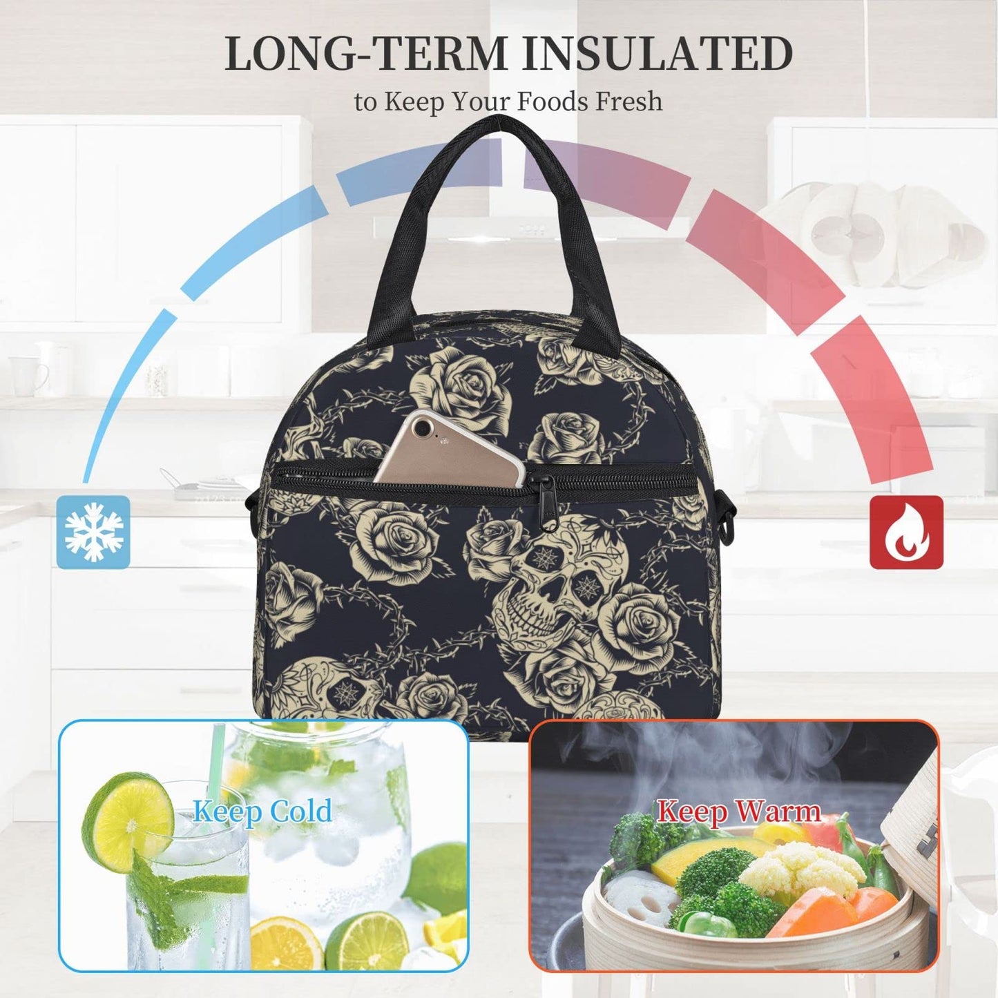 bassyil Skull Insulated Lunch Bag Reusable Lunch Box With Adjustable Shoulder Strap Cooler Tote Bag For Men Women