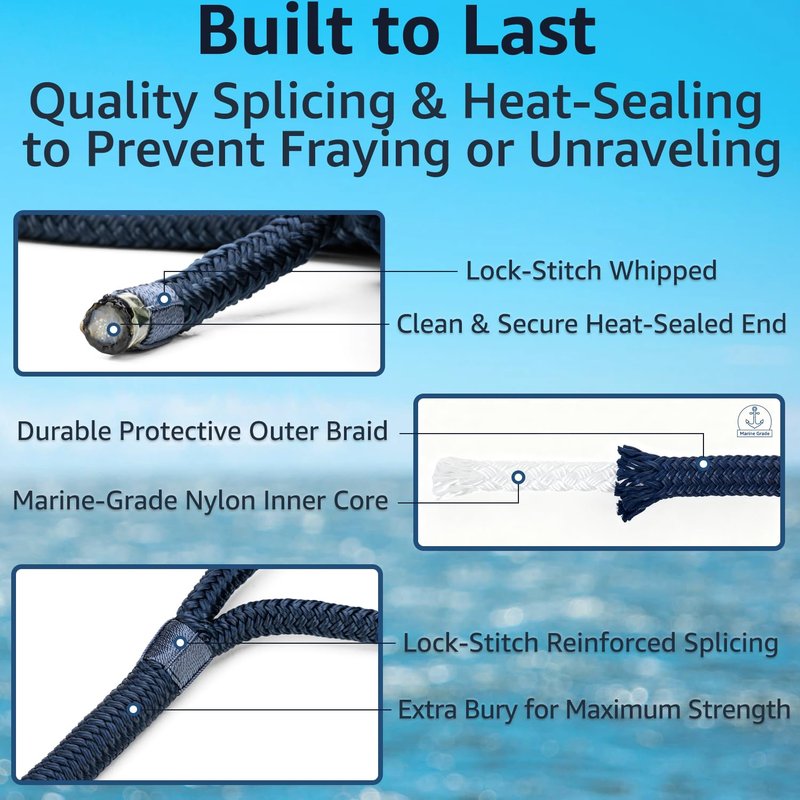 PACTHSD Double Braid 1/2" x 15' Boat Dock Lines (4-Pack) – Nylon Boat Ropes for Docking with 12" Spliced Eye – Heavy Duty Marine Rope – Soft & Durable Boat Lines for Pontoon and Light Boat (Navy Blue)
