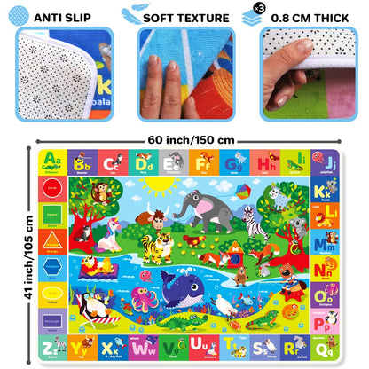QUOKKA Baby Play Mat For Floor - 112x150 cm ABC Rug For Kids - Extra Thick (0.8cm) - Non-Slip Padded Nursery Mat for Crawling & Fun - Toddlers & Infants Foldable Gift Rug
