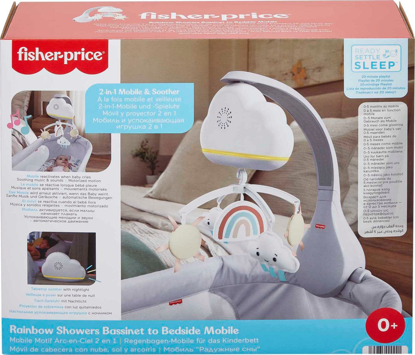 Fisher-Price Baby Toy Rainbow Showers Bassinet Mobile to Bedside Sound Machine with Music & Night Light for Newborn to Toddler Ages 0+ Months, HBP40