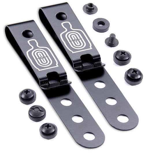 HolsterSmith Universal Metal Belt Clip for Holster Making - (Model 5) - (3-Hole) - (Tactical Black) - (w/Silhouette Target Engraving) - (w/Mounting Hardware) - (2 Pack)