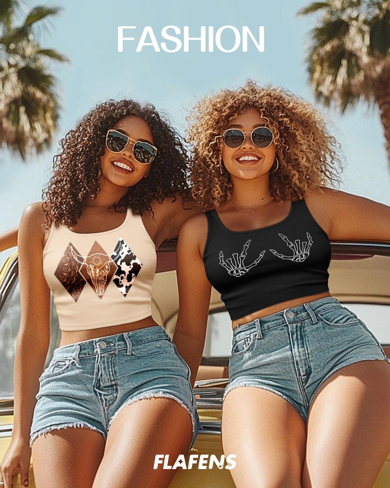 Flafens Crop Tops for Women Summer Tank Tops - Cute Ribbed Knit U Neck Graphic Sleeveless T Shirts Workout Yoga Gym Short Tanktops Skull Hand Action Teen Girls for Going Out Daily, Medium