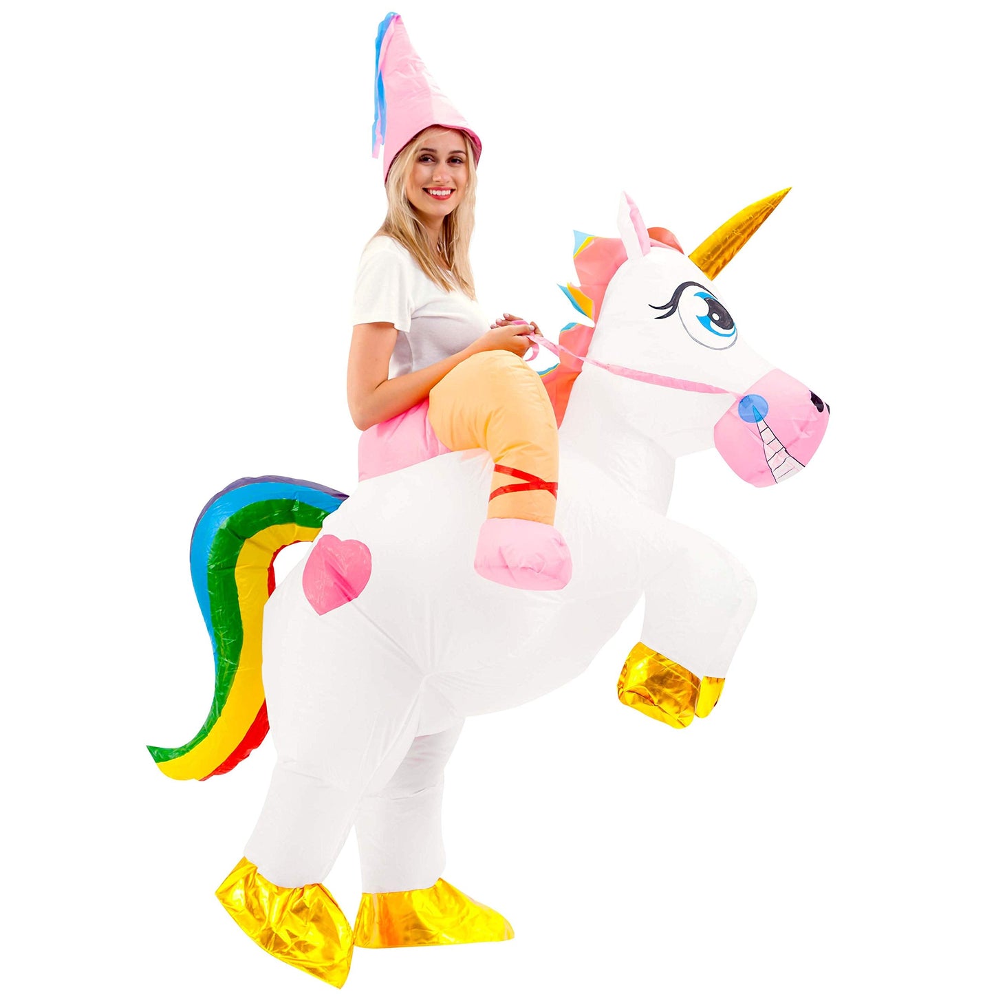 Spooktacular Creations Inflatable Costume Adult, Riding a Unicorn Blow-up Deluxe Halloween Costume with Hat for Halloween Dress Up Parties, White, X-Large(71In)