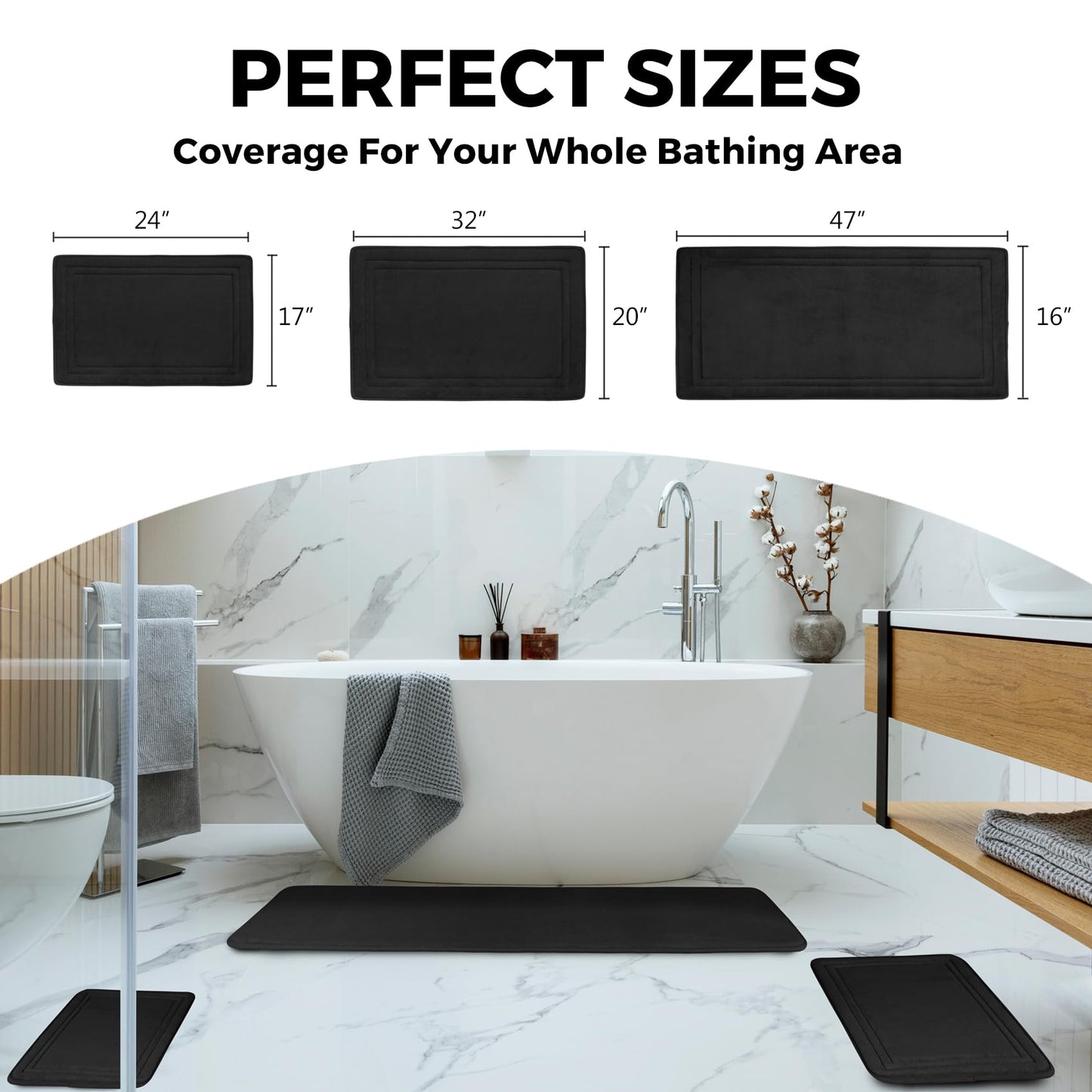 PAGGED Black Bath Mat Runner Long Narrow Bathroom Rug Memory Foam Microfiber Bathroom Carpet Non Slip Soft Absorbent Washable Bathrug,16" x 47"