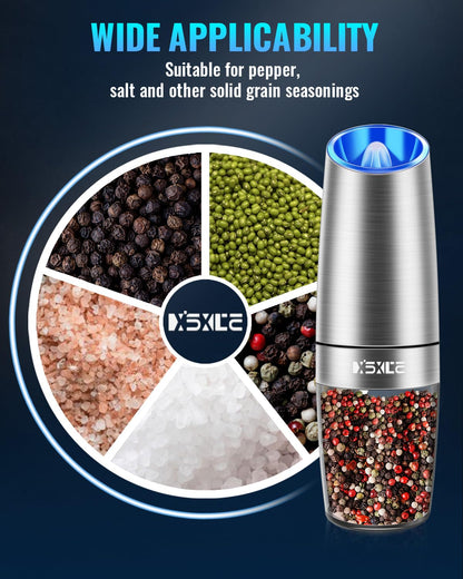 Gravity Electric Pepper and Salt Grinder Set, Salt and Pepper Mill & Adjustable Coarseness, Battery Powered with LED Light, One Hand Automatic Operation, Stainless Steel (Set/Silver)