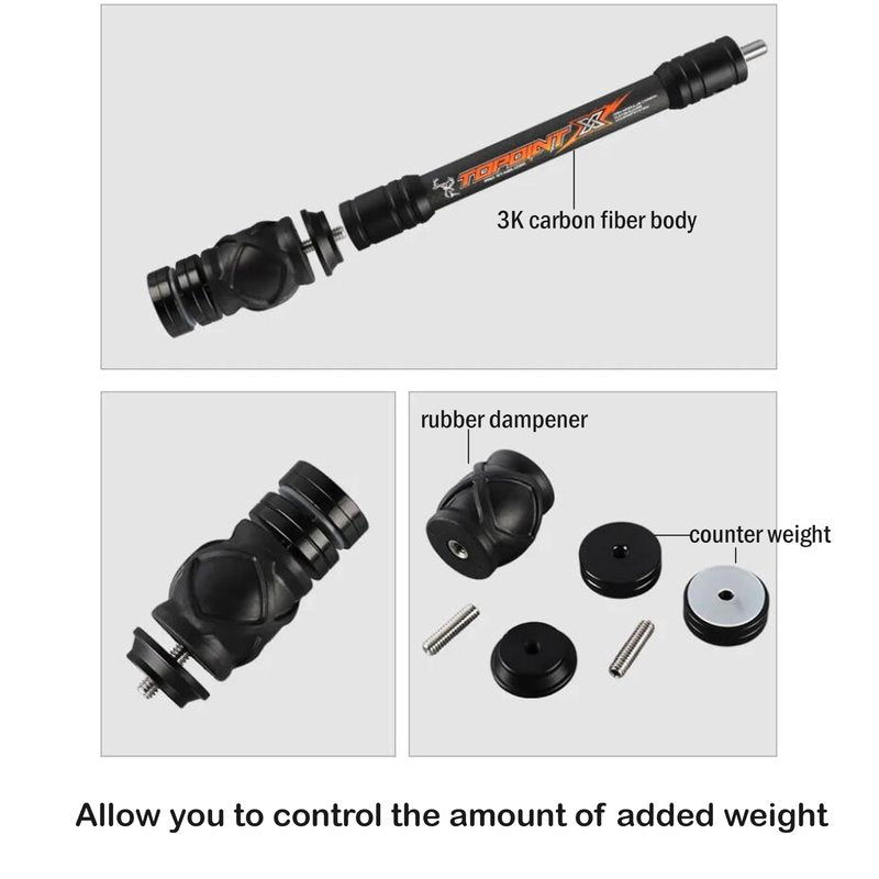 ZSHJGJR Archery Bow Stabilizer Bar 8",10",12", 15" for Compound Bow, 3K Carbon Fiber Body Flexible Core, Damping System and Weights Kit for Vibration Reduction (10 Inch)