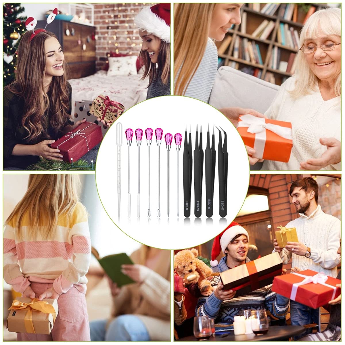 11 Pcs Silicone Resin Mold Tools Set Stirring Needle Spoon Tool Tweezers Precision Kit, Anti-Static Electronics Tweezers Set for Resin Art Crafts,Jewelry Making,DIY Epoxy Casting Molds(Rose Red)