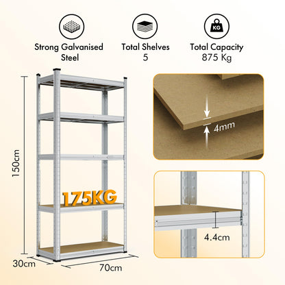 VonHaus Garage Shelving Units - Heavy Duty Racking for Home, Office, Shed and Garage Storage - 5-Tier Shelving Units for Storage, 175kg Capacity Per Shelf - 1.5m Racking