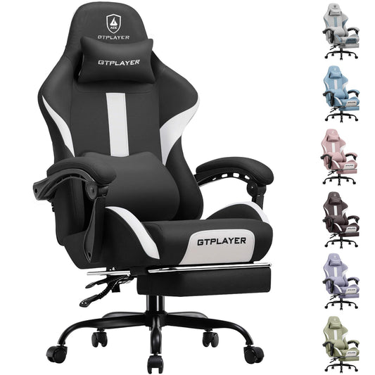 GTRACING Gaming Chair with Foot Rest & Pocket Spring Cushion, Breathable Fabric for Home Office Desk, Ergonomic High Back Computer Chair with Headrest & Lumbar Support, Black