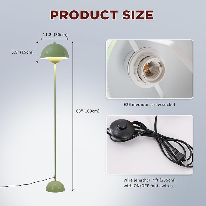 SUNLLOK Green LED Floor Lamp for Living Room, Industrial Metal Dome Lampshade Standing Floor Table Lamp with Foot Switch, Modern Reading Floor Light Fixture for Kitchen Island, Bedroom, Restaurant