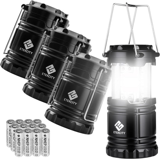 Etekcity Camping Lanterns for Power Outages 4 Pack, Flashlight for Camping Essentials, Survival Kit and Gear, Hurricane Preparedness Items, Emergency Led Battery Operated Lights, Black