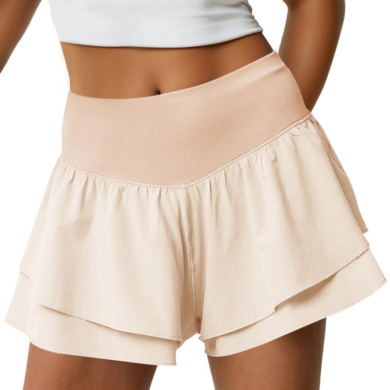 Fisoew Womens High Waisted Athletic Shorts Ruffle Tiered Running Workout Tennis Shorts with Build in Shorts Beige