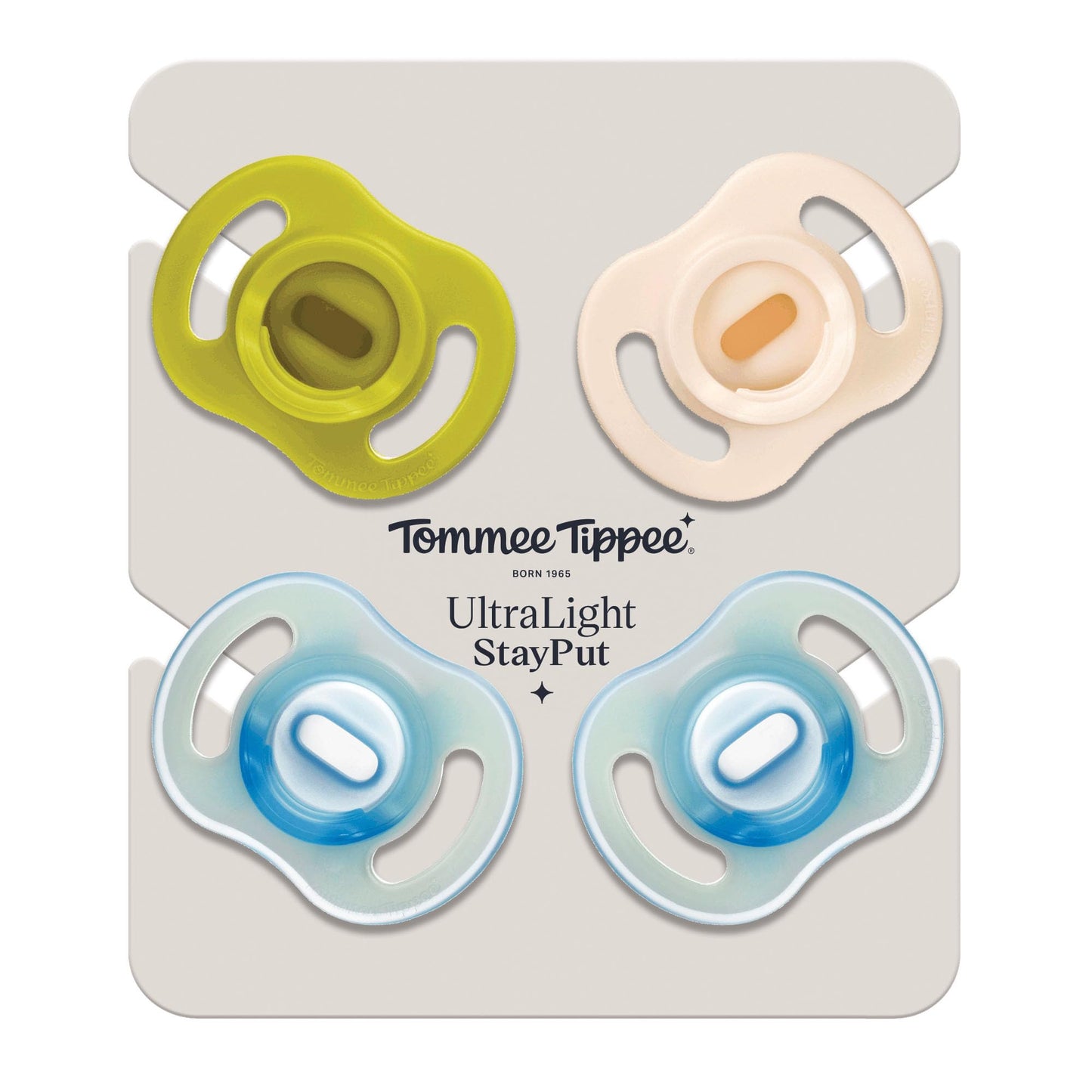 Tommee Tippee Ultra-Light StayPut Day and Night Dummies, 6-18m, 4 Pack, One-Piece Silicone Soother, Soft Skin Feel