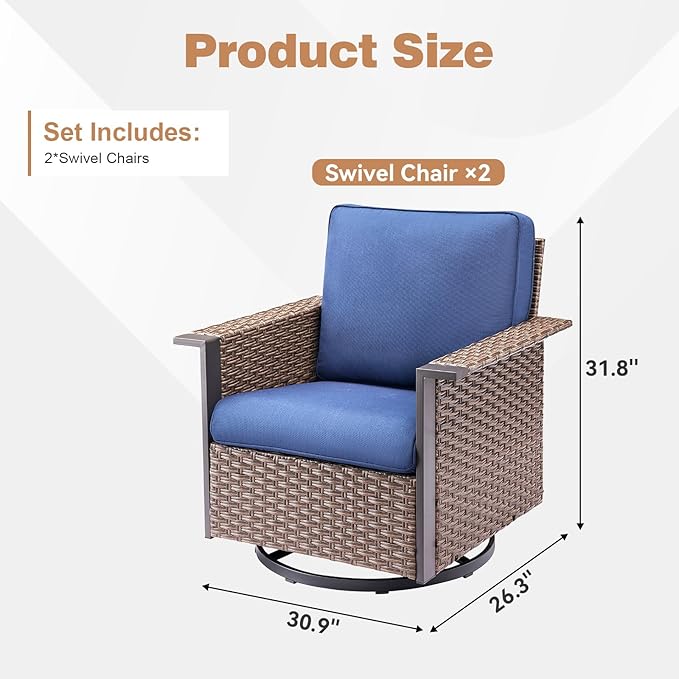 Patio Wicker Chairs Swivel Rocker-Outdoor Swivel Rocking Patio Chairs Set of 2,Wide Armrest Wicker Chair Outdoor Patio Furniture Set with Covered Cushions for Porch Balcony Patio Deck Brown/Blue