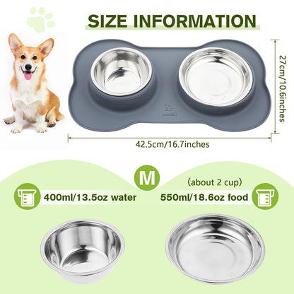 Pecute Dog Bowls Non Slip, Stainless Steel Double Bowls Set with Non-Spill Silicone Mats Tray for Cats Puppies Small Dogs Water Food Feeding (14oz Each Bowl, Grey)