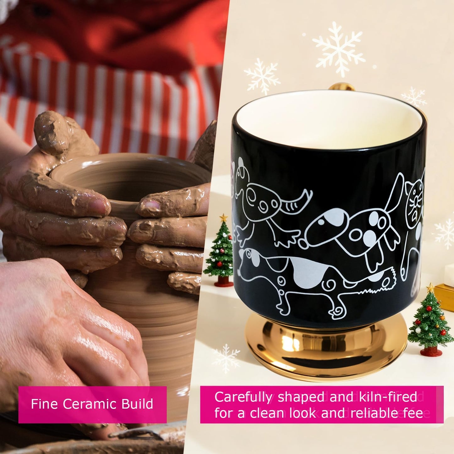 xifengching Christmas Mugs Whimsical Animal Ceramic fun Coffee Mug – 14oz Childlike Hand-Drawn Cat, Dog & Bear Design – Cute gothic Coffee Cup Gift for Women, Girls, Kids (Black)
