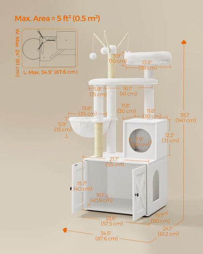 Feandrea Cat Tree with Litter Box Enclosure, 2-in-1 Modern Cat Tower, 55.1-Inch Cat Condo with Scratching Posts, Removable Pompom Sticks, Cloud White UPCT113W01
