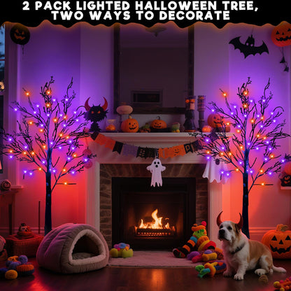2 Pack & Timer - 4 Ft Lighted Black Halloween Tree with 48 LED Orange & Purple Lights, Spooky Artificial Black Trees for Halloween Decorations Outdoor Indoor Home Yard Party Decor