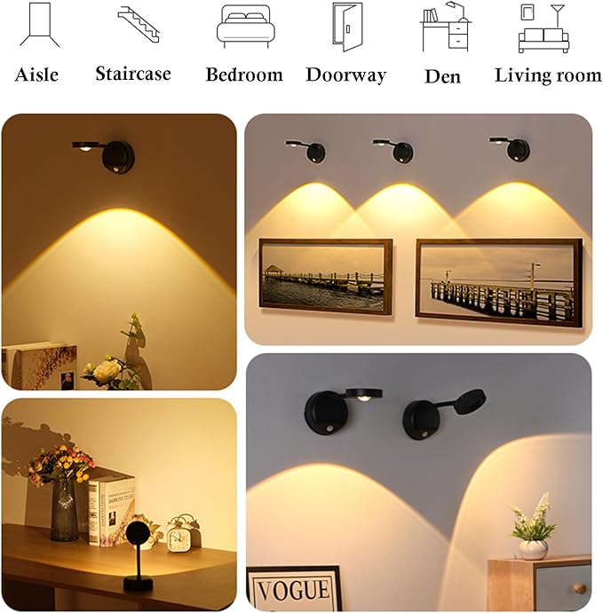 Battery Operated 4 Pack 2200mAh Picture Light with Motion Sensor and Rotatable Tube, Art Display Light for Picture Frame (Black)