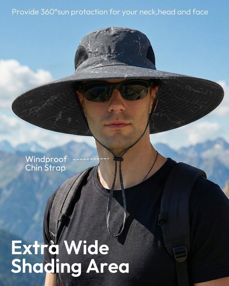 Mens Sun Hat Super Wide Brim Waterproof Breathable Bucket Hats for Men Fishing, Hiking, Camping Sun Hats for Men Black Ink