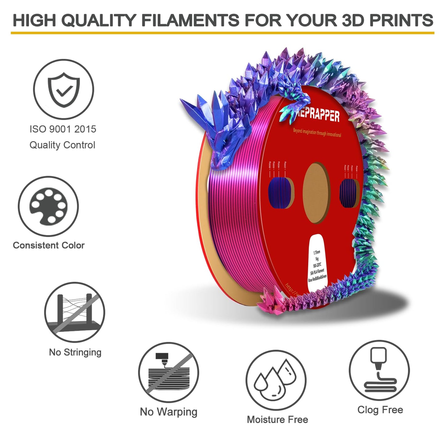 Reprapper PLA Filament 1.75mm 1KG – Green/Blue/Rose Red Tri Colour Silk PLA Filament, Multicolour Filament for 3D Printers, Shiny Rainbow 3D Printing Filament, High Gloss & Easy Printing