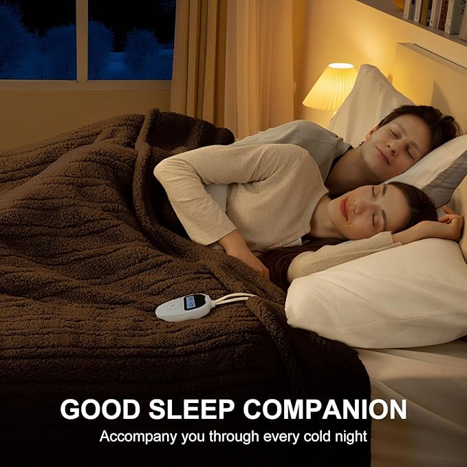 King Size Heated Blanket Single Control - Soft Double Sided Sherpa Electric Blanket with 6 Heating Levels & 10 hrs Timer Settings, Washable & Overheat Protection for Bed, Brown