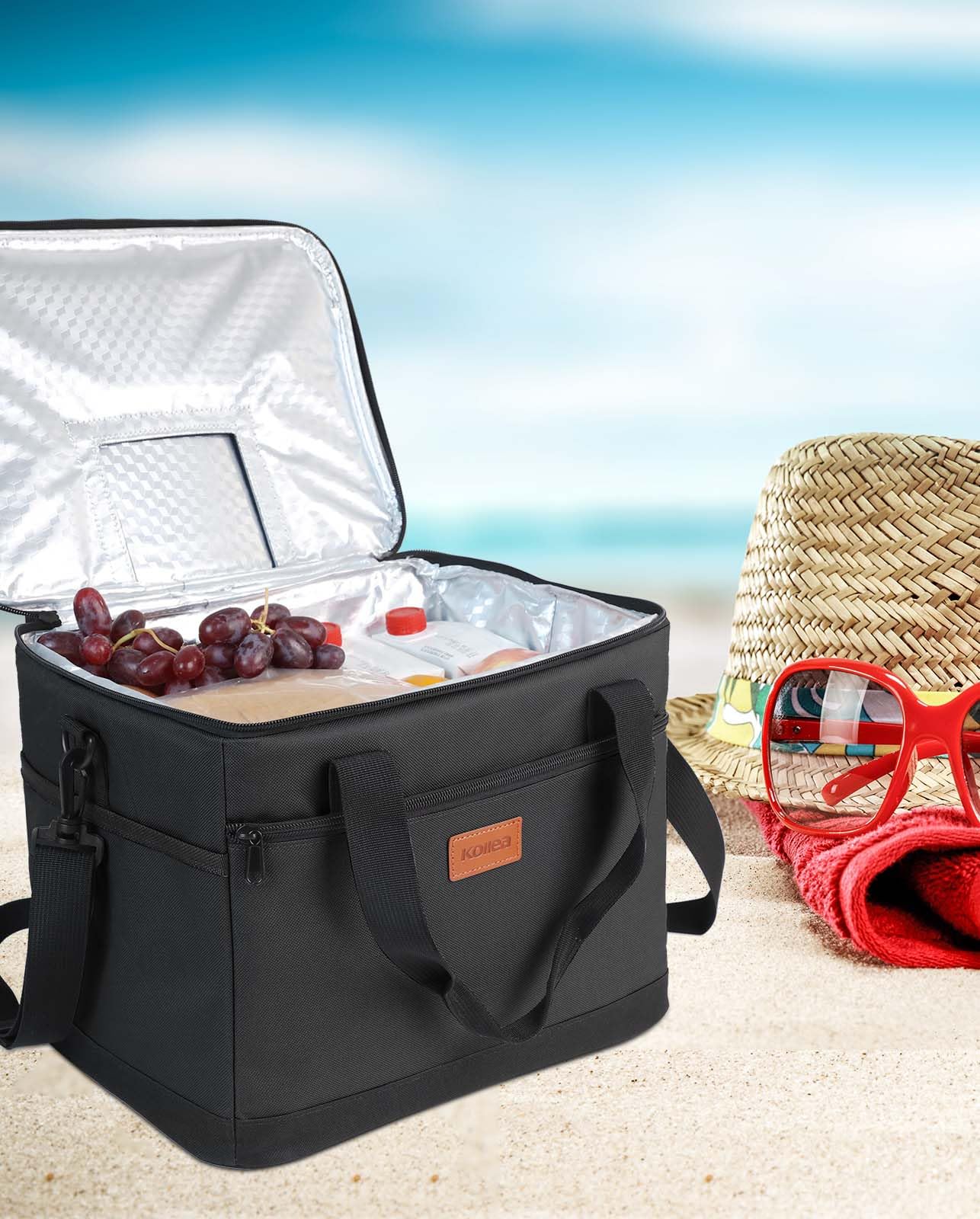 Kollea Black Cool Bag - 30 Litre Cool box -Insulated Cooler Bag Lunch Bag Keep Warm and Cold, Leak-Proof, With Carriying Straps, Multiple Pockets - Ideal for Travel, Camping, Picnics, BBQ