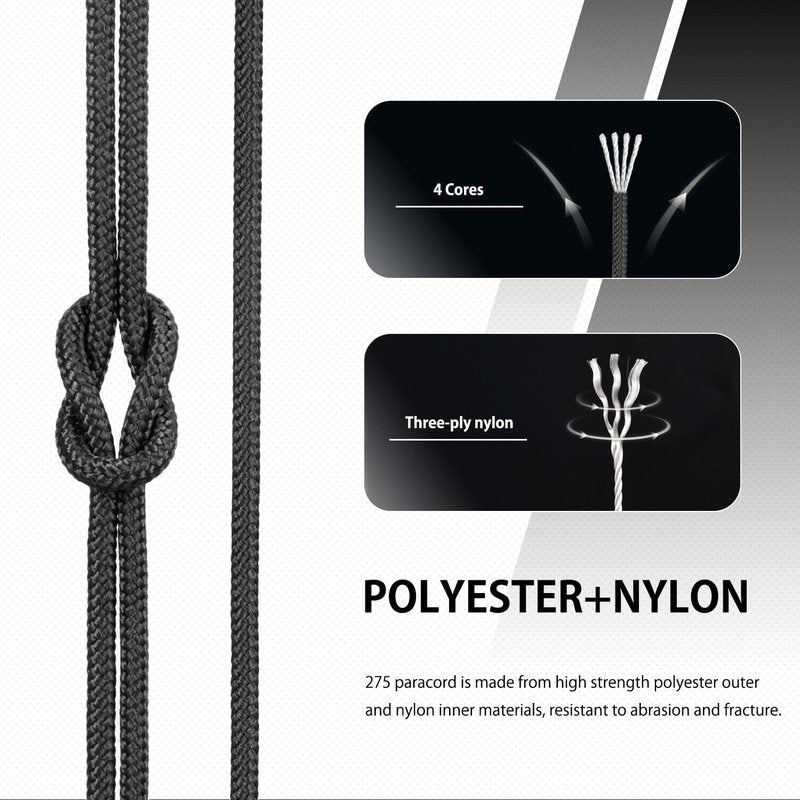 Paracord 275 - 100ft 2.4mm Tactical Nylon Rope | 4 Strands, Max 275lbs - Black
