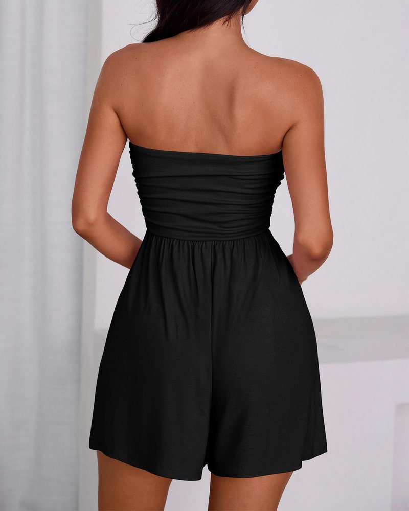 BTFBM Womens Romper Summer 2026 Strapless Tube Tops Beach Vacation Clothes Boho Loose Spring Shorts Jumpsuits Pockets(Black, Medium)