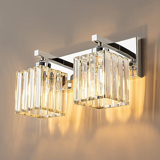 Modern Bathroom Vanity Light 2-Lights Chrome Crystal Bathroom Wall Light Vanity Light Fixtures，12.59-inch Modern Minimalist Design