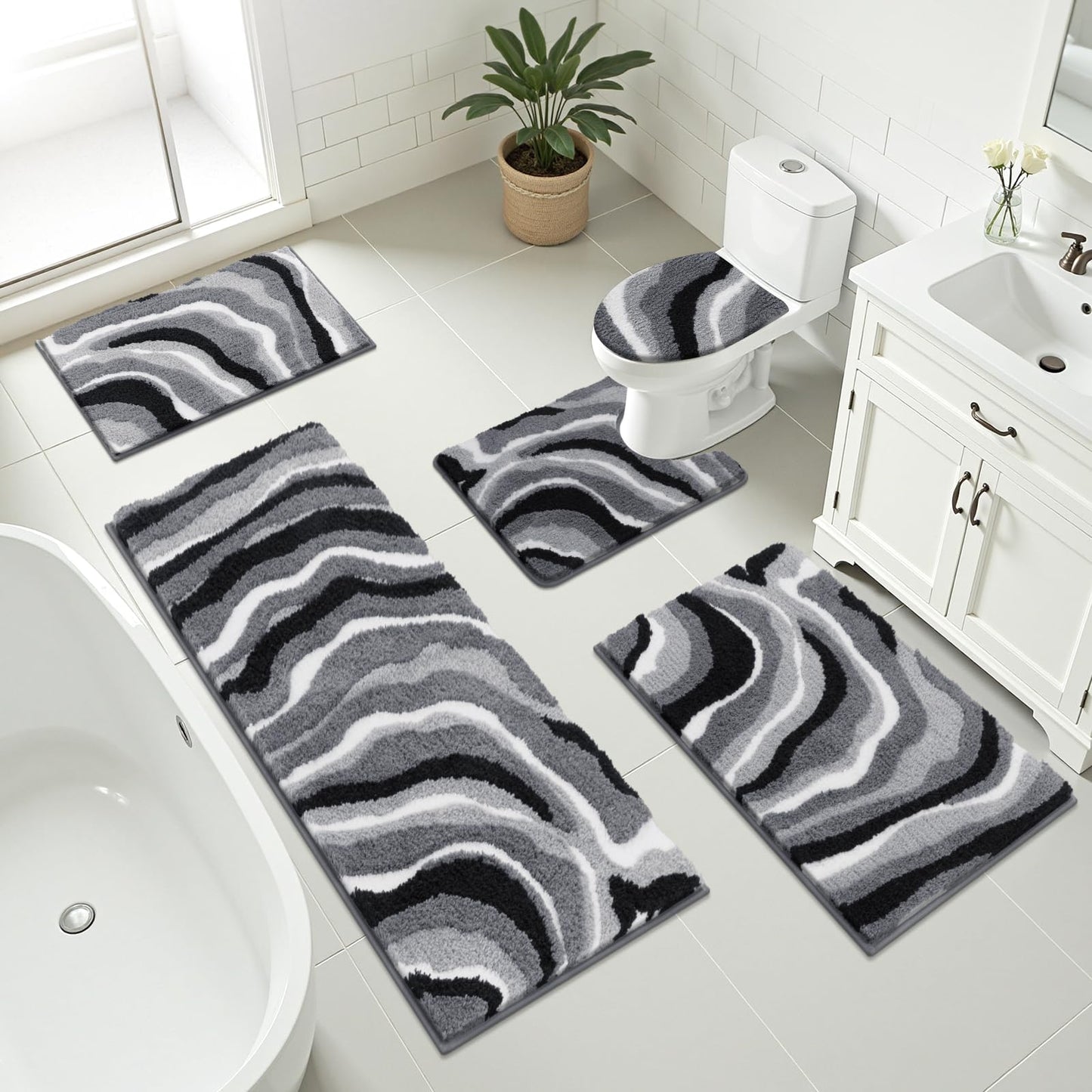 Bsmathom Bathroom Rug Set 5 Piece, Soft Non Slip Microfiber Bath Mat, Machine Wash Bathroom Mat Set, Water Absorbent Bath Mats with Toilet Cover, Bath Runner and U-Shaped Contour Toilet Rug, Black