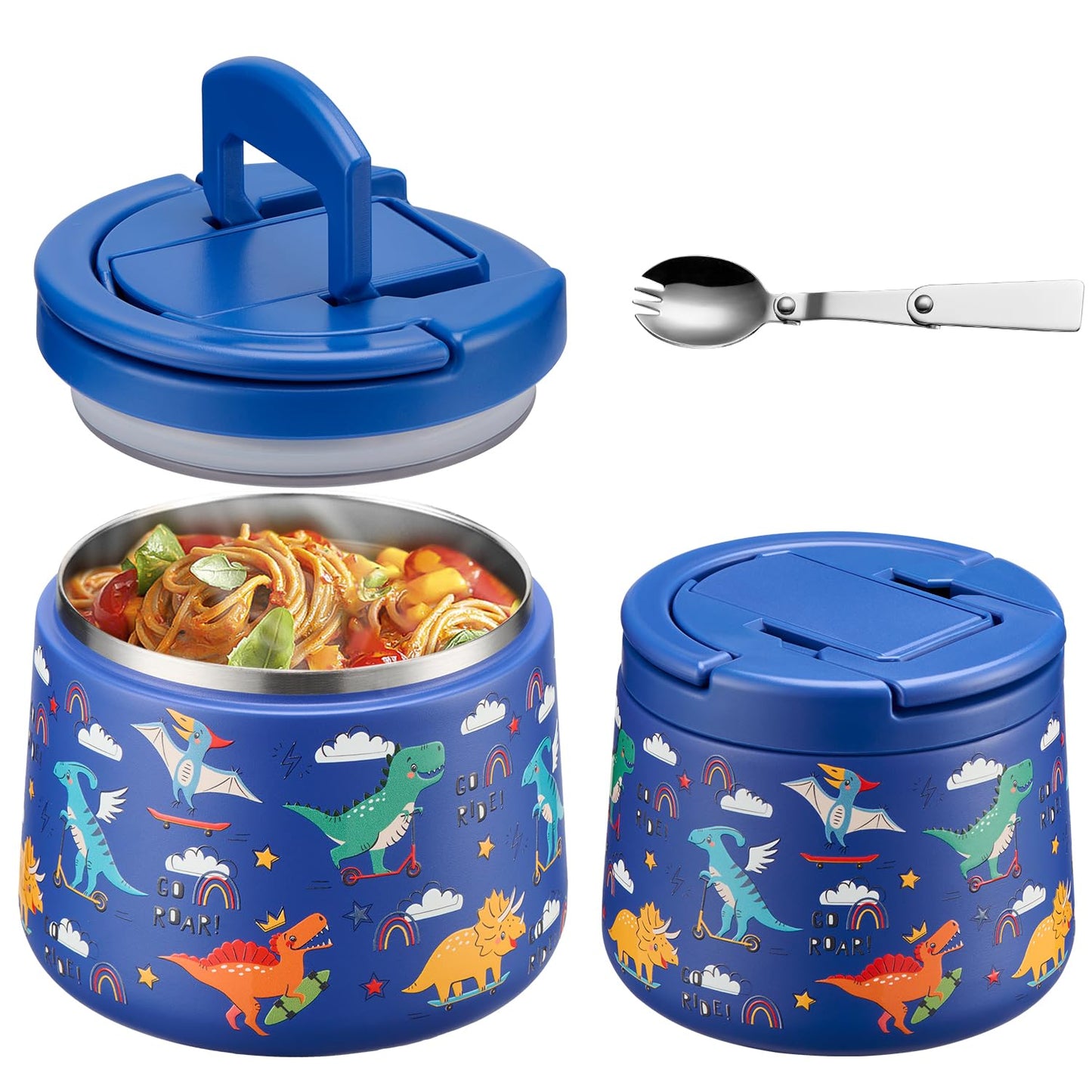 14oz Insulated Vacuum Food Jar with Buckle Lid,Soup Thermo for Hot Food Kids,Wide Mouth Leakproof Stainless Steel Lunch Container with Spoon-Dinosaur