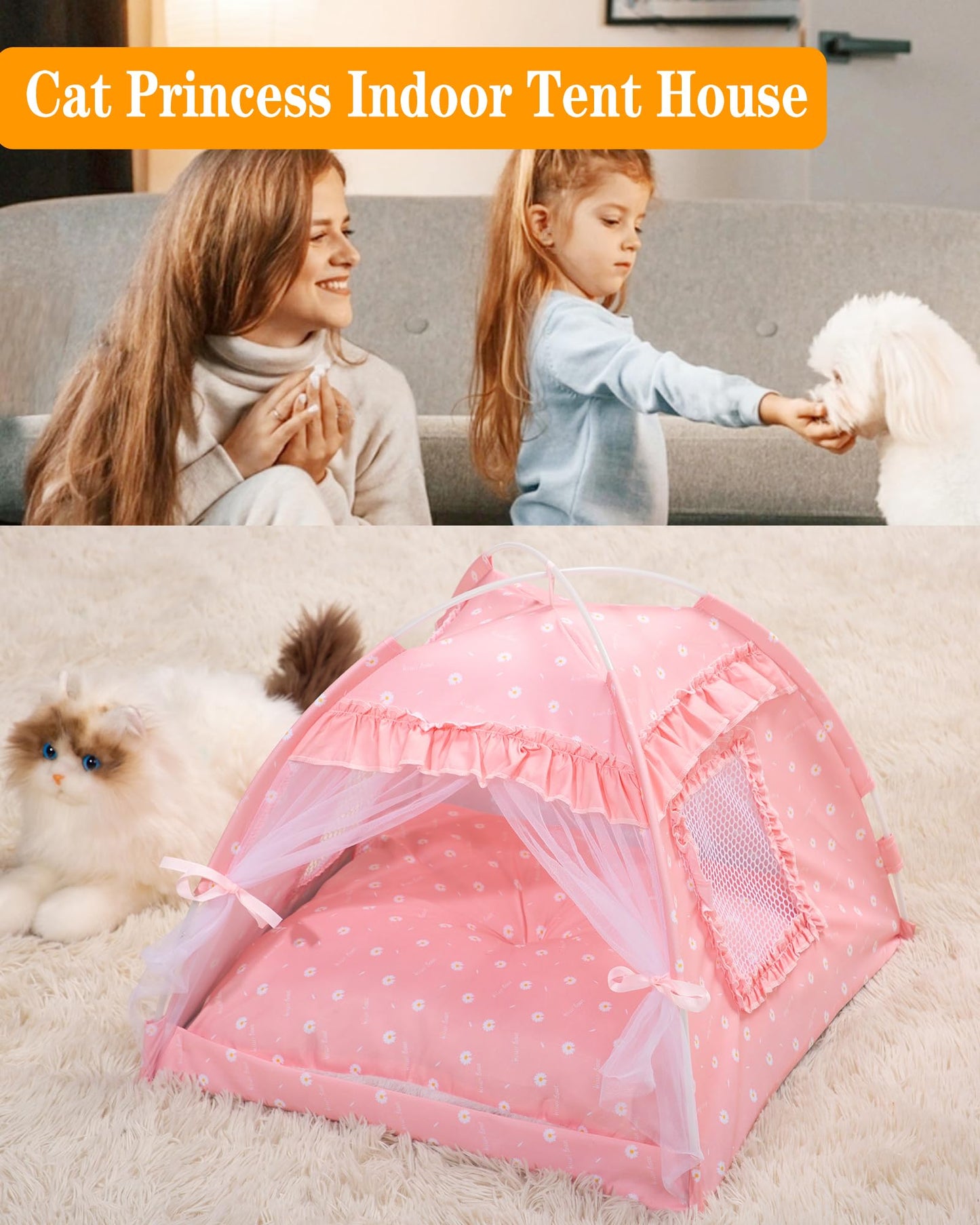 SEIMMIE Cat Princess Bed Tent House - Kitty Cute Tent Indoor,Small Dog House Indoor/Outdoor Cave Nest Bed Small Dog Tent for Cat,Puppy Tent (15.7"x15.7"x14.5"/Pink)