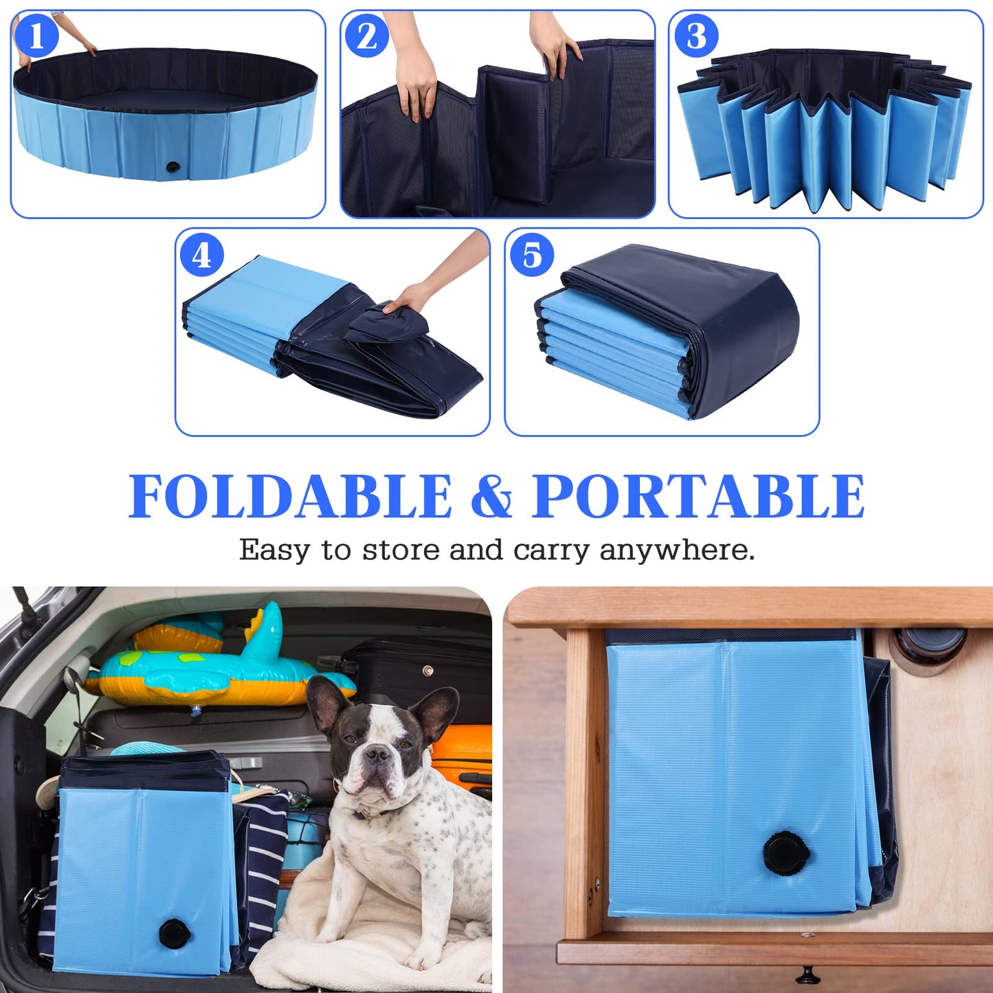 Foldable Dog Bath Swimming Pool Plastic Kiddie Pool Professional Tub Collapsible Grooming Bathtub for Pets Kids Baby and Toddler, 32 x 8 Inches Blue (Blue, S - 32'' x 8'')