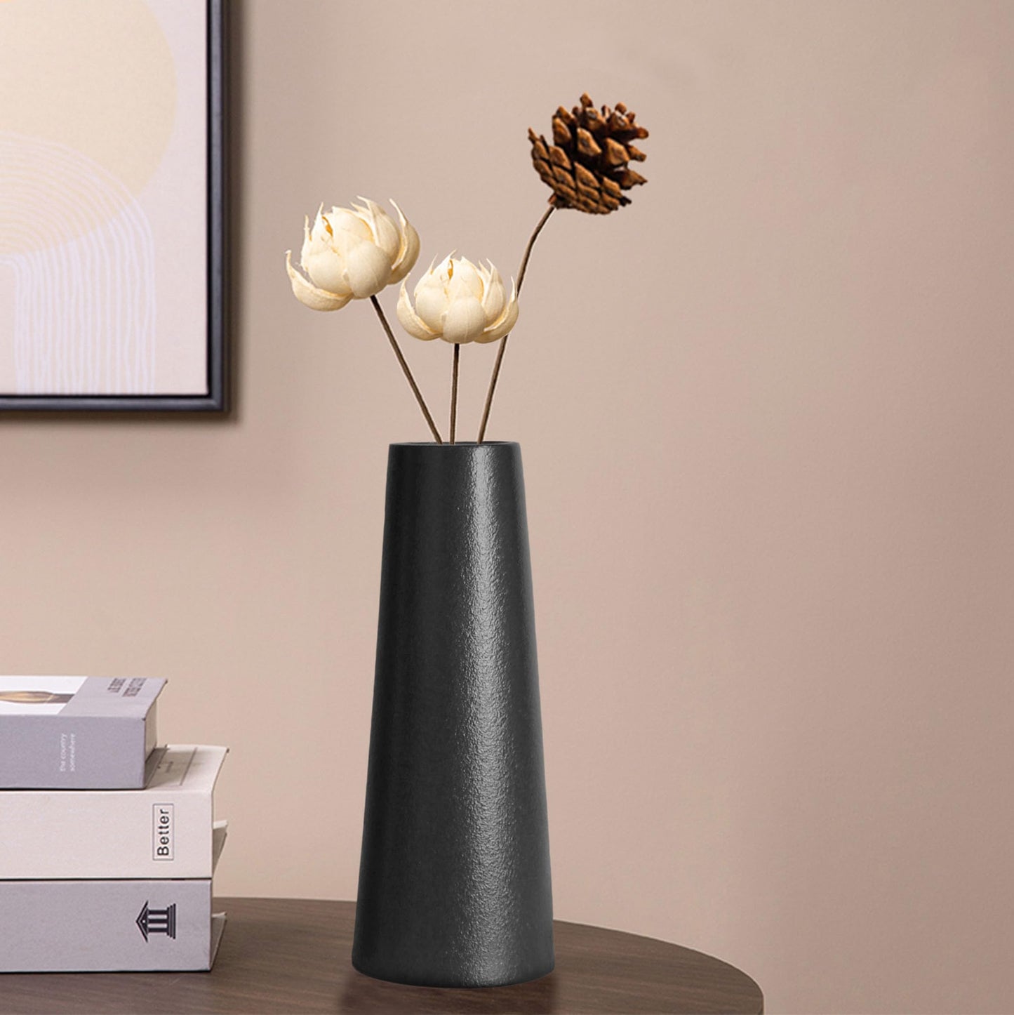 Black Ceramic Vase, 8.5 Inch Flowers Vase for Pampas Grass, Rustic Table Vase for Centerpieces, Simple Modern Vase for Home Office Decor - Matte Black