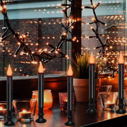 SUNSGNE 9'' Halloween Window Battery Operated Candle Lights with LED Flameless Flicker Lights, Black Candles Automatic Timer Lamps for Indoor Windows Dining Table Decor, Pack of 10