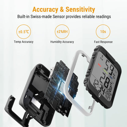 ThermoPro TP358 Bluetooth Hygrometer Room Thermometer with Built-in Clock, Swiss-made Sensor Indoor Thermometer with Backlit and Notification Alert Ideal for Baby Room, Greenhouse, Office and Cellar