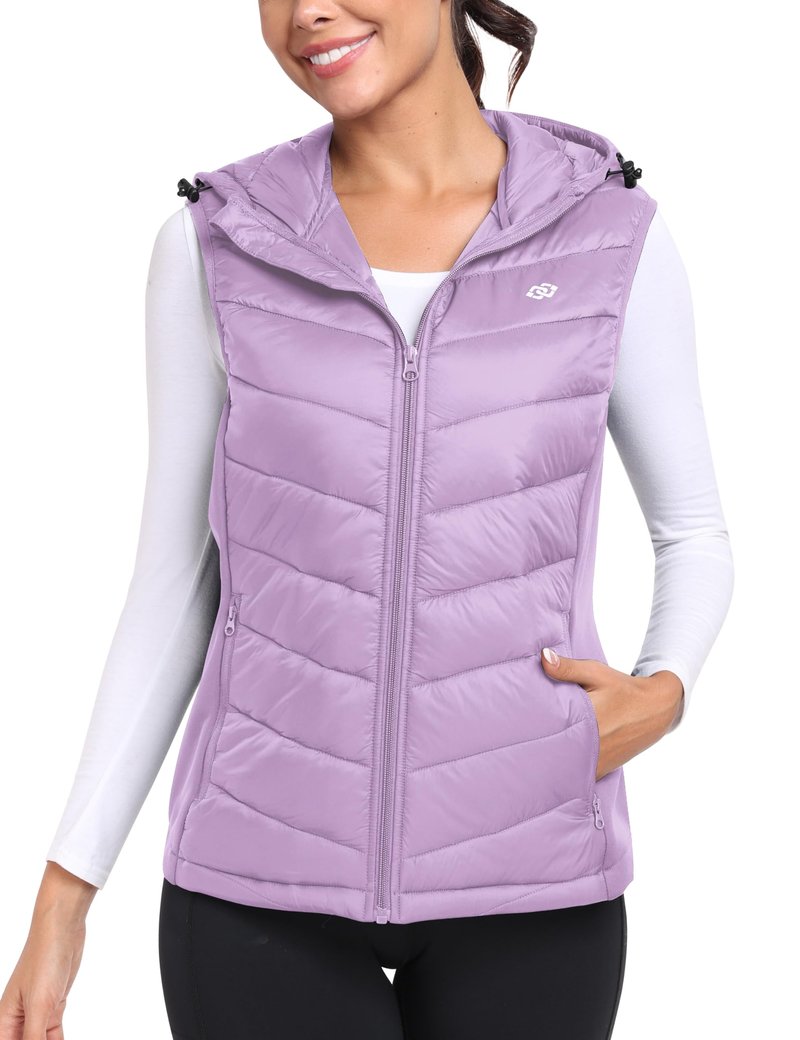 MoFiz Women's Puffer Vest Lightweight Hooded Slim Fit Running FLeece Lined Hybrid Sleeveless Warm up Winter Vest Light Purple M