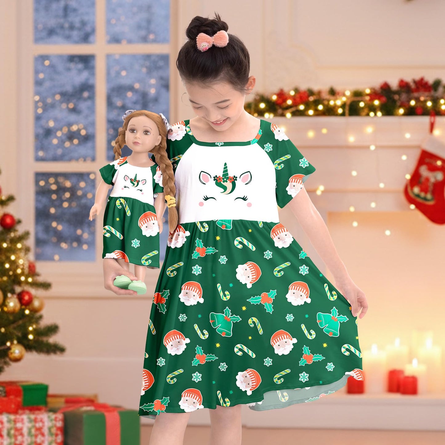 Play Tailor Doll and Girl Matching Nightgown Unicorn Outfit Pajamas Night Dress for Girls and 18" Dolls Clothes, Green, 6-7Y