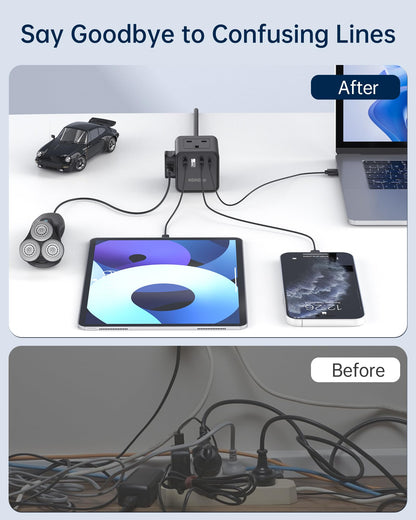 3M Extension Lead with USB, Kemelo 4 Way (13A/3250W) Plug Extension Socket with 3 USB A & 1 USB C, Child Safety Extension Cord,Black Power Strip for Home Desk Office