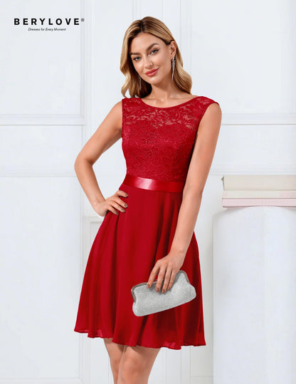 BeryLove Women's Short Homecoming Dresses for Teens Sleeveless Flowy A Line Wedding Guest Lace Cocktail Prom Formal Dress 05 B-Red L