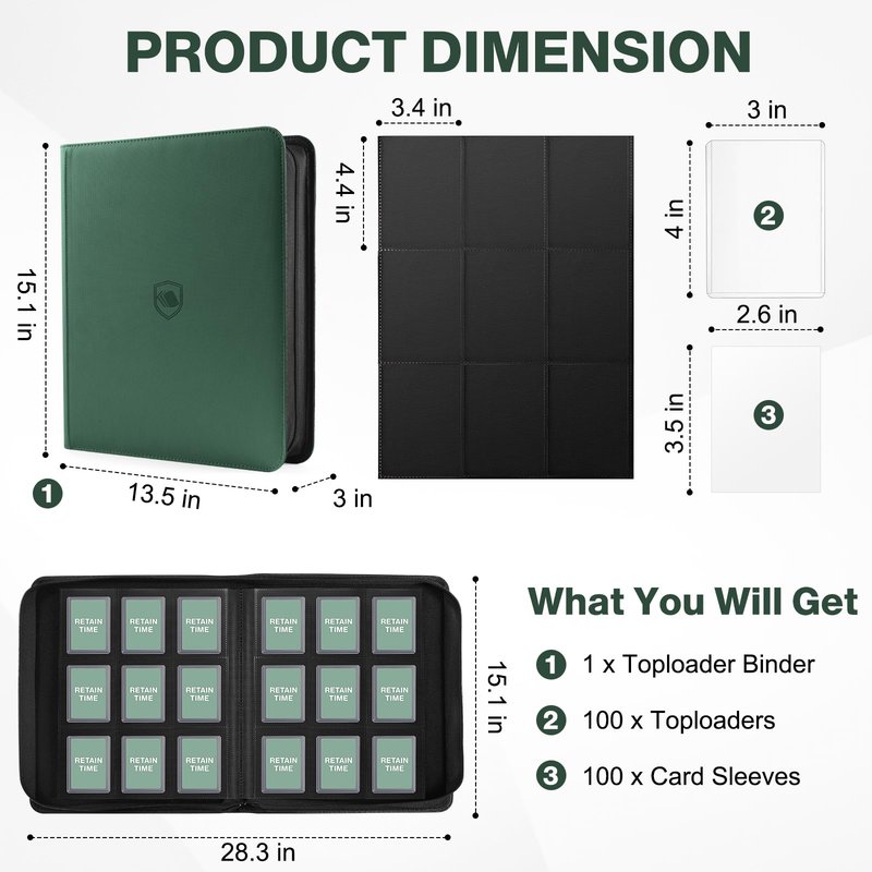 Toploader Binder, Holds 360 Toploaders, 100 Toploaders INCLUDED, 9-Pocket PU Cover Top Loader Binder for 3" x 4" Rigid Toploader, Ringless Double-Sided Toploader Card Binder for TCG, Sport Cards