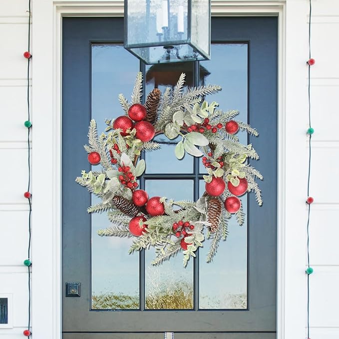 Super Holiday Christmas Wreath, 20Inch Artificial Wreaths for Front Door Christmas Decorations with Wreath Hanger, for Indoor Outdoor Home Hoilday Party Wall Decor - Red