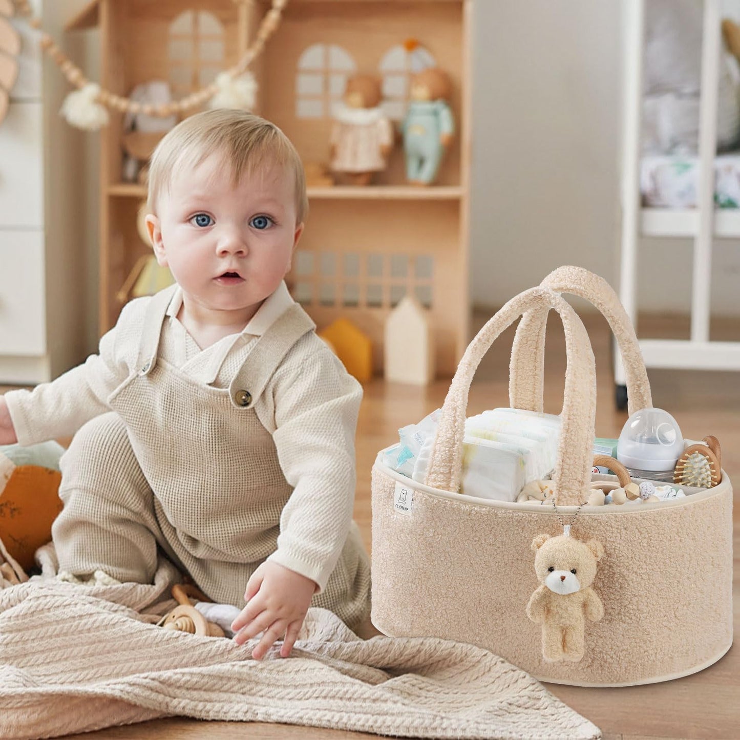 CLYMENE Baby Diaper Caddy Organizer, Nursery Storage Basket for Diapers and Wipes - Newborn Changing Table Essentials, Baby Gift Registry for Baby Shower - Diaper Tote Bag for Car Travel - Ivory